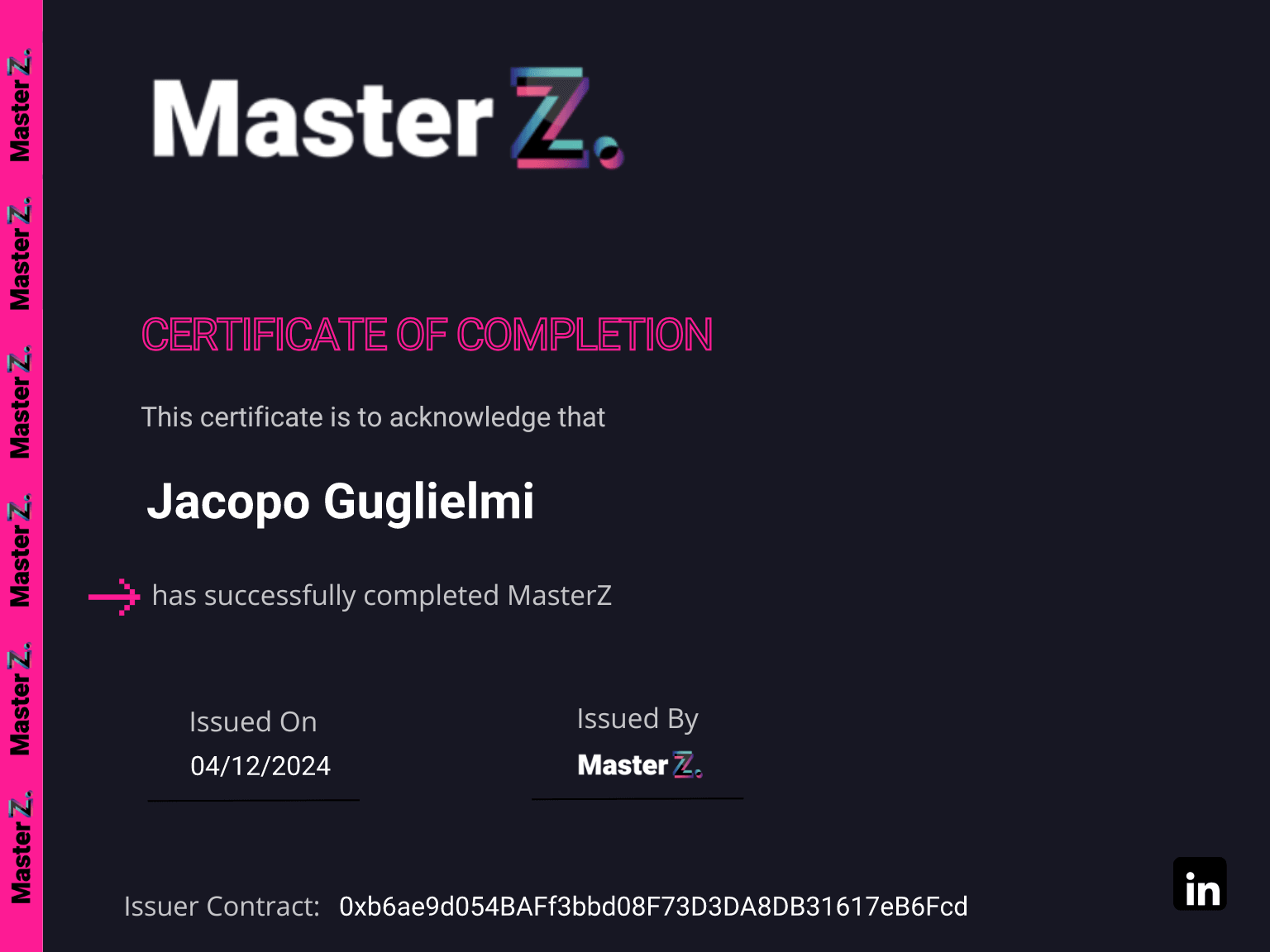 Certificate for Jacopo Guglielmi
