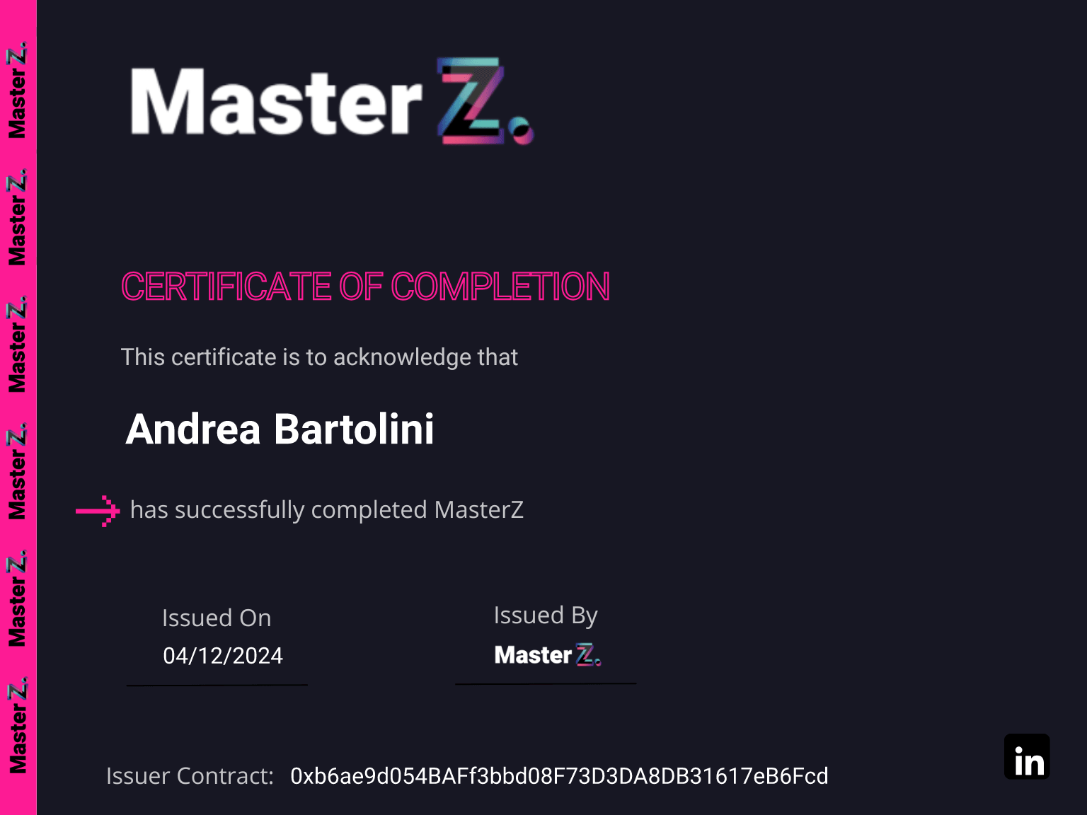 Certificate for Andrea Bartolini