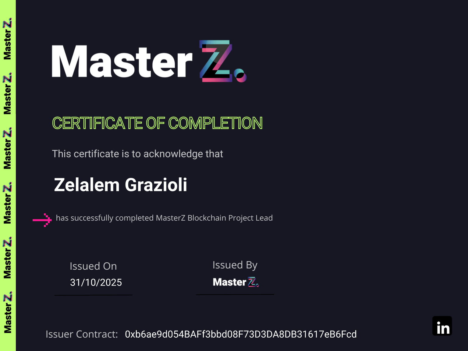 Certificate for Zelalem Grazioli