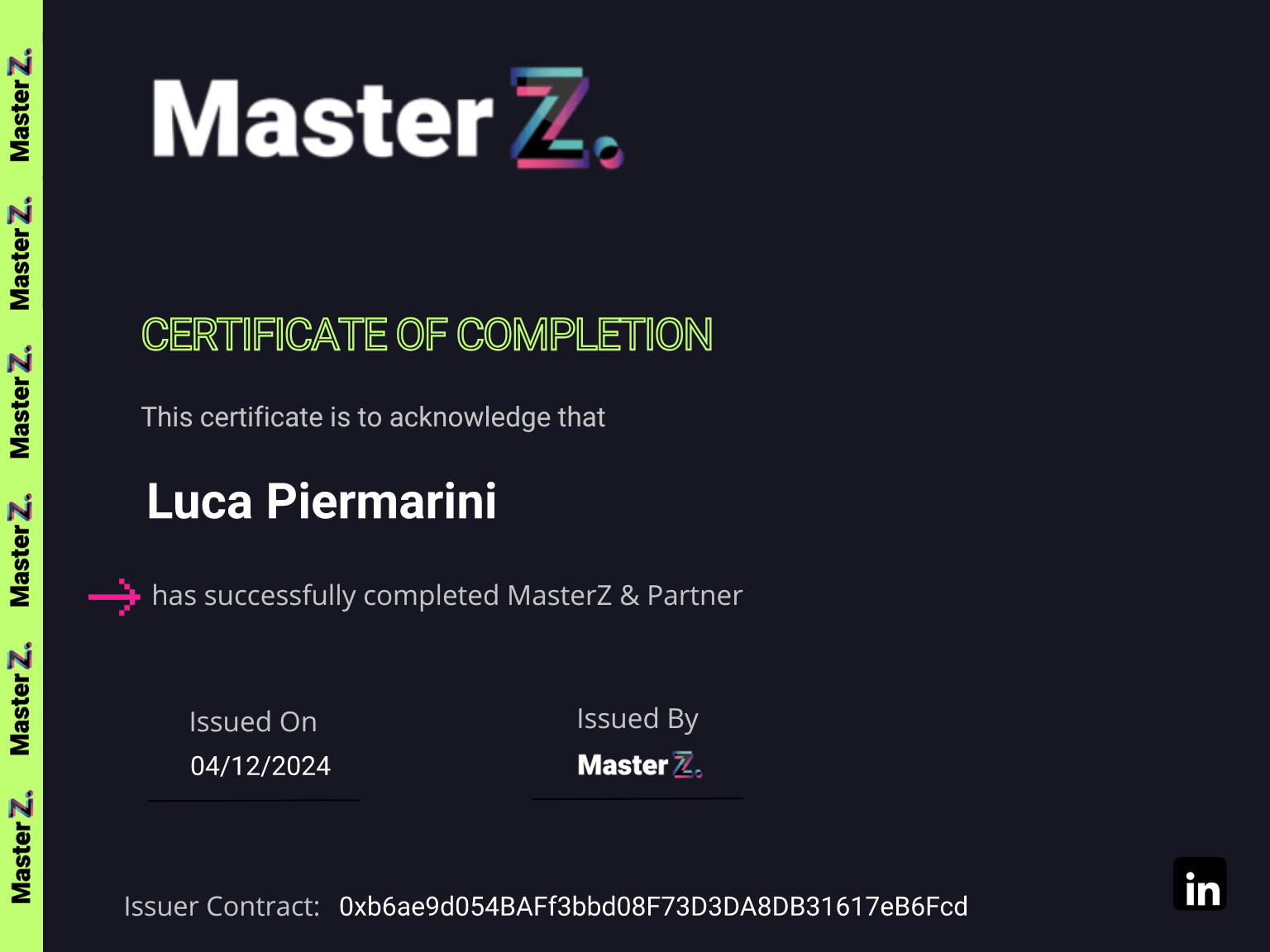 Certificate for Luca Piermarini