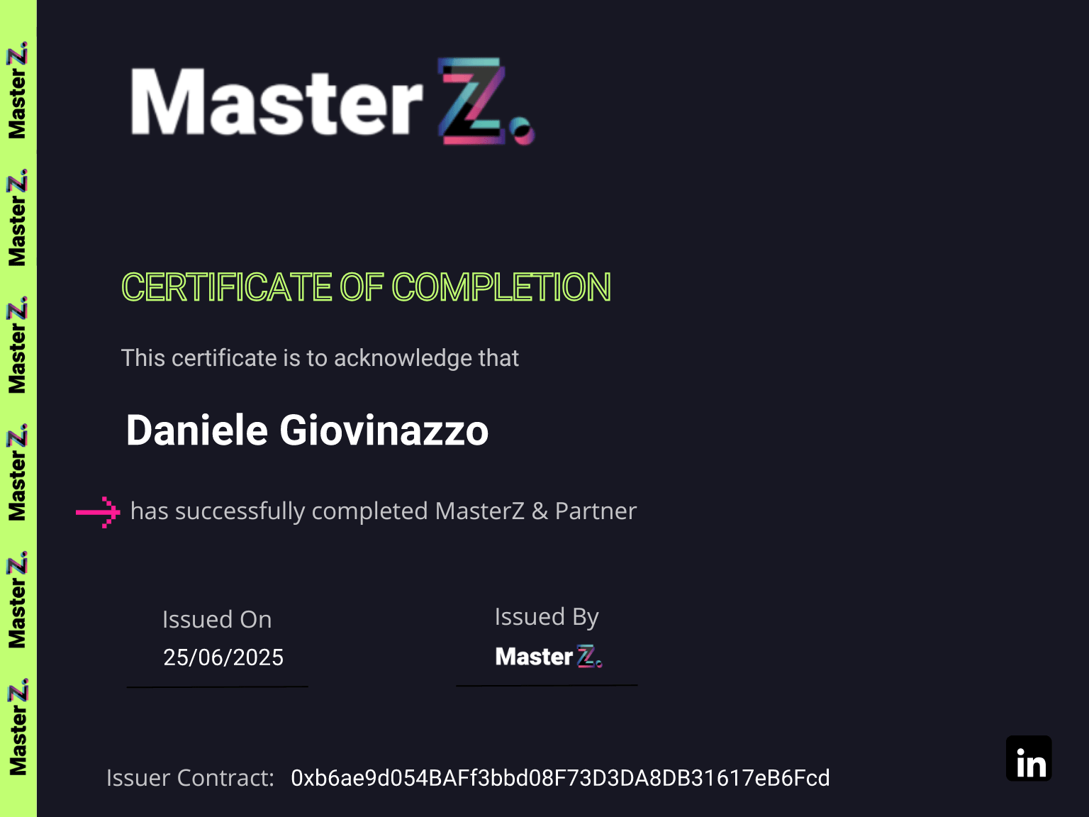 Certificate for Daniele Giovinazzo