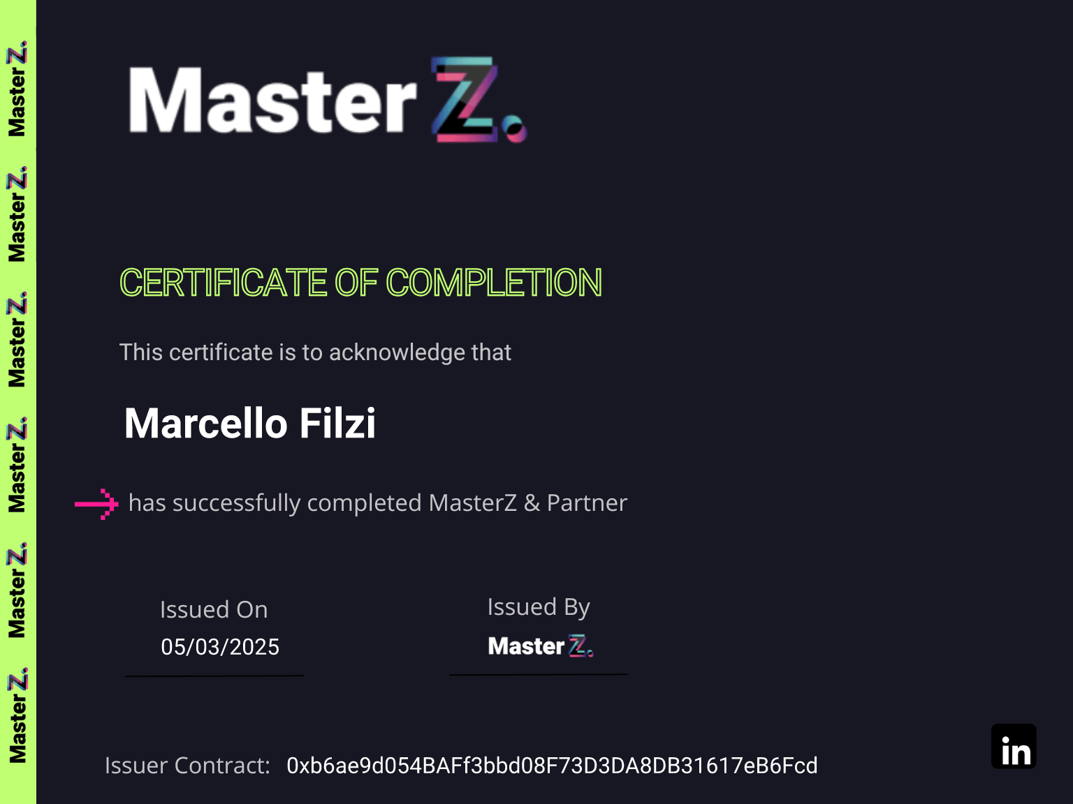 Certificate for Marcello Filzi