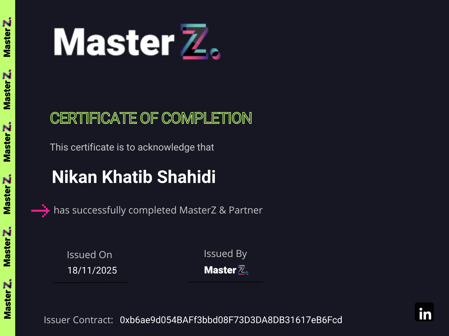 Certificate for Nikan Khatib Shahidi