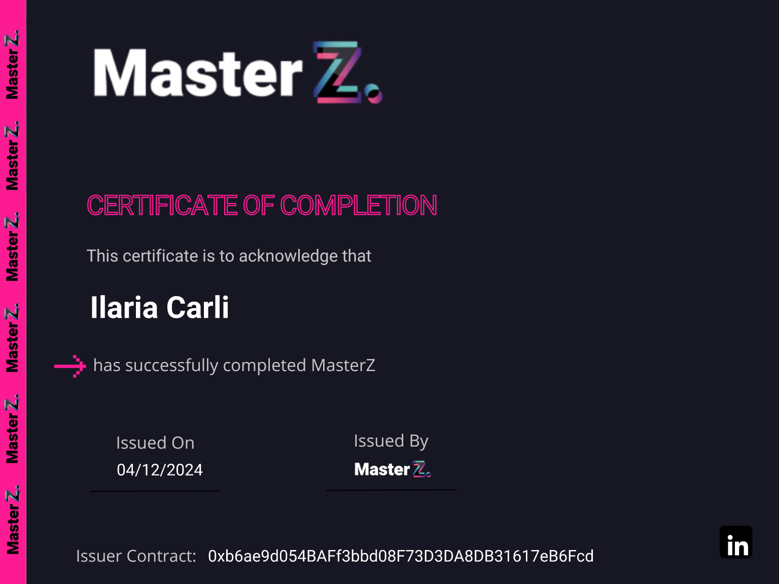 Certificate for Ilaria Carli