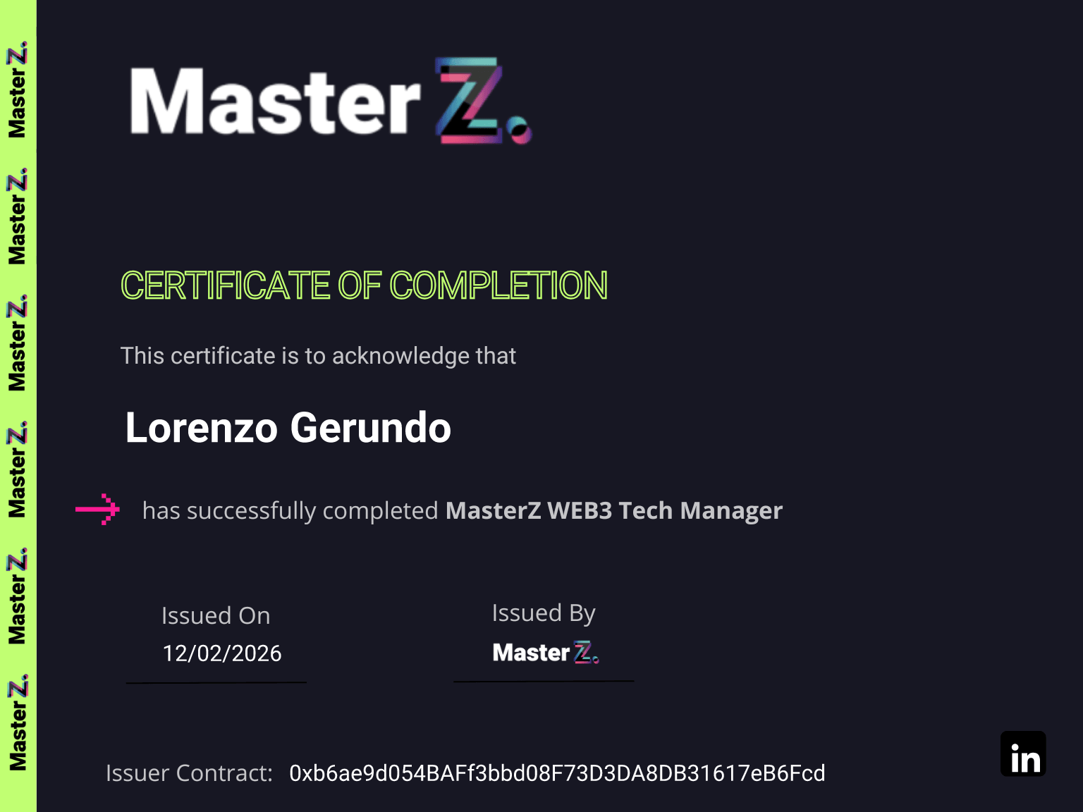 Certificate for Lorenzo Gerundo