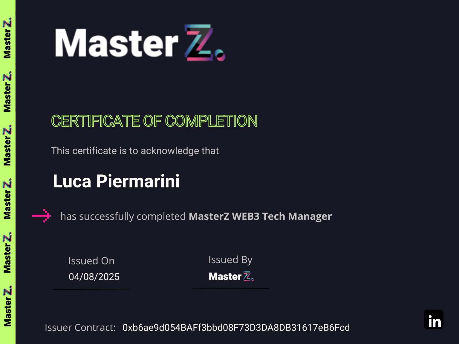 Certificate for Luca Piermarini