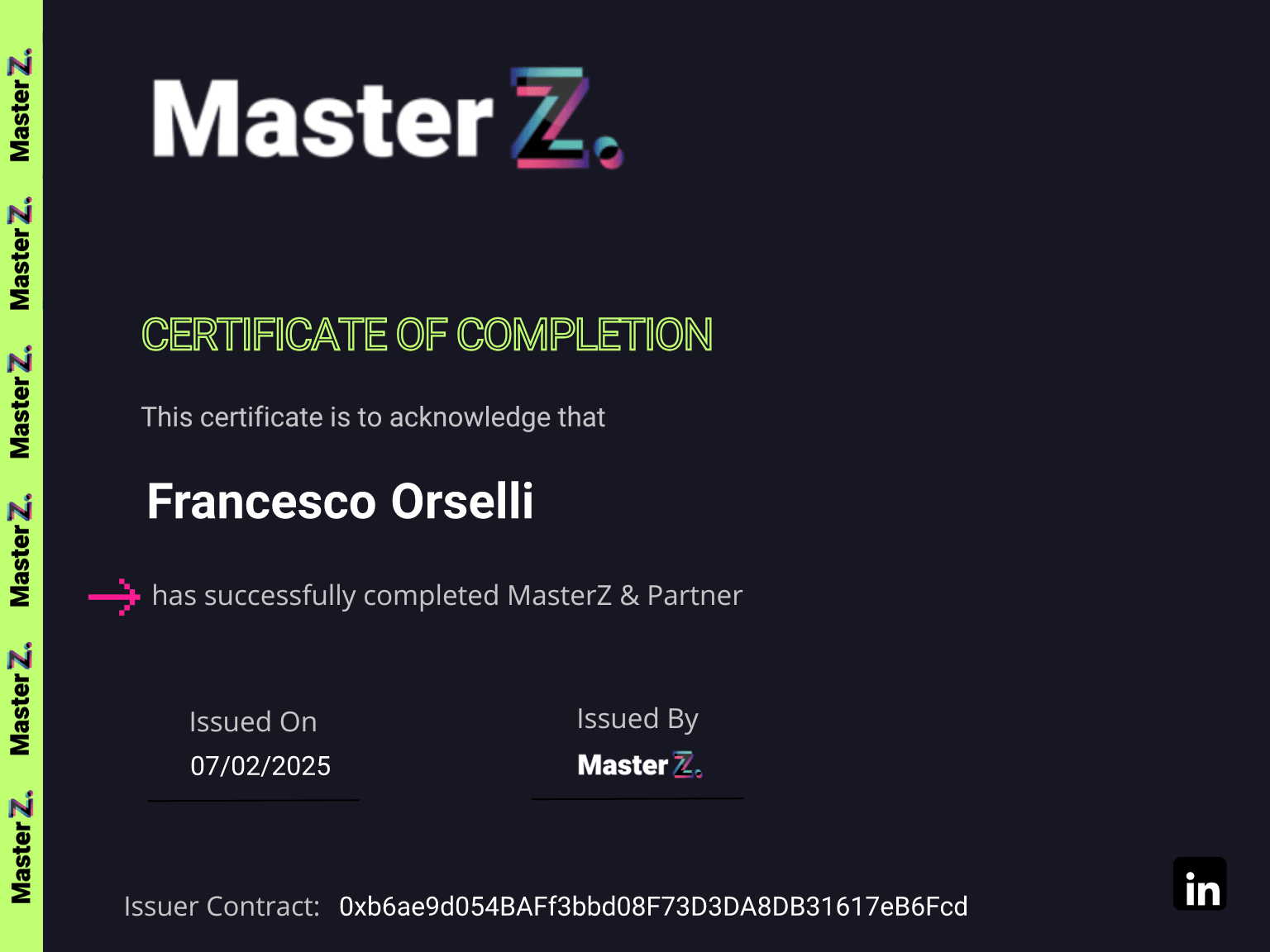 Certificate for Francesco Orselli
