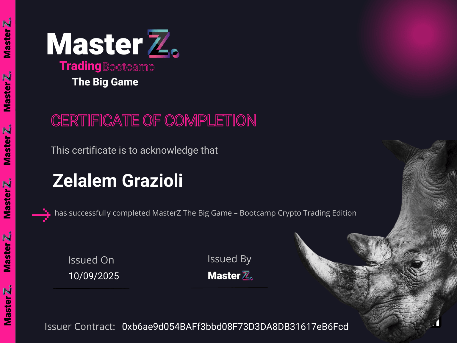 Certificate for Zelalem Grazioli