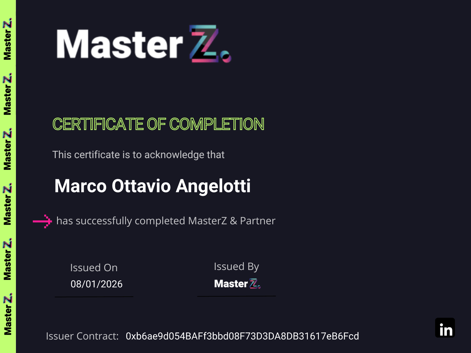 Certificate for Marco Ottavio Angelotti