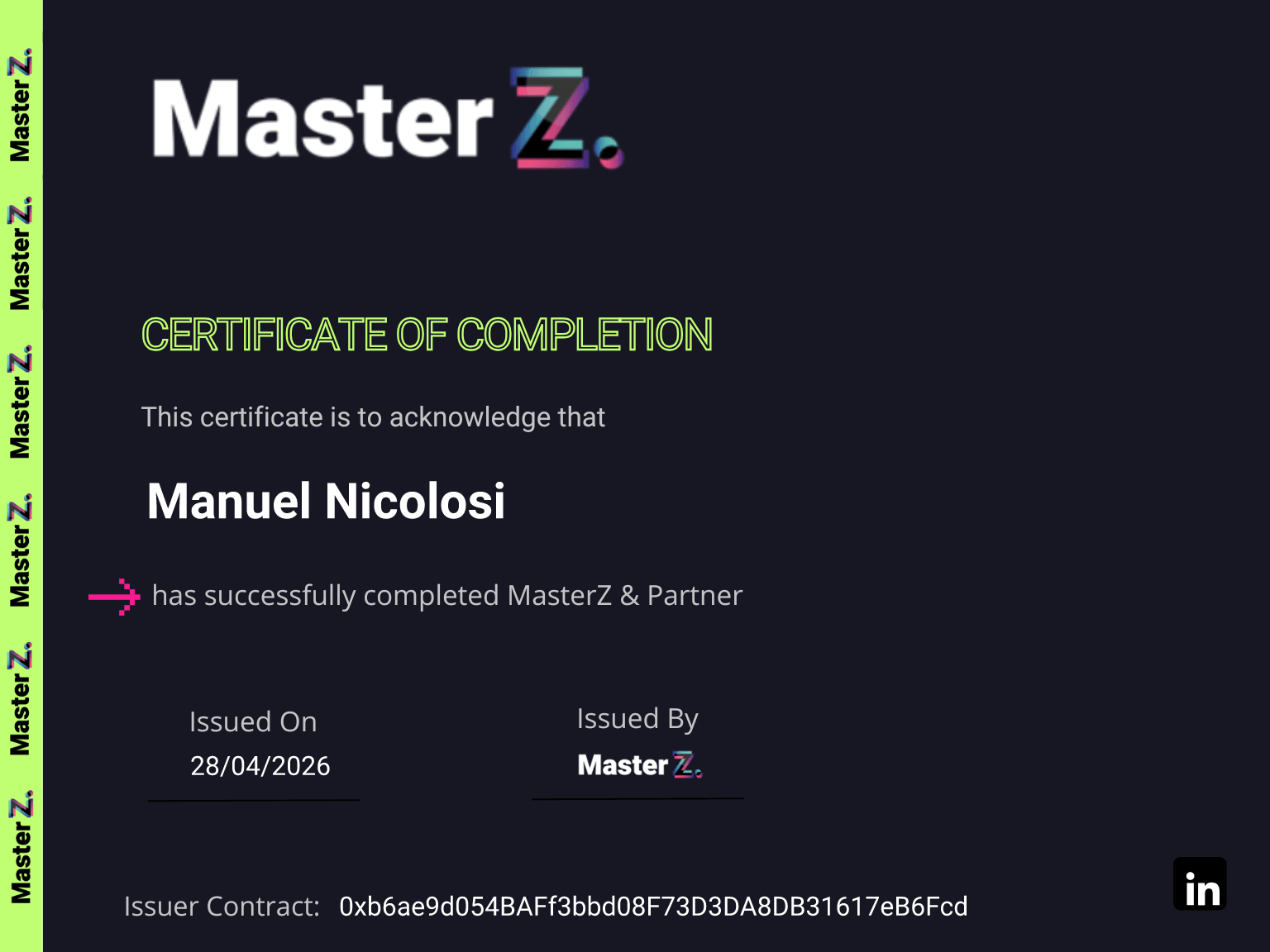 Certificate for Manuel Nicolosi